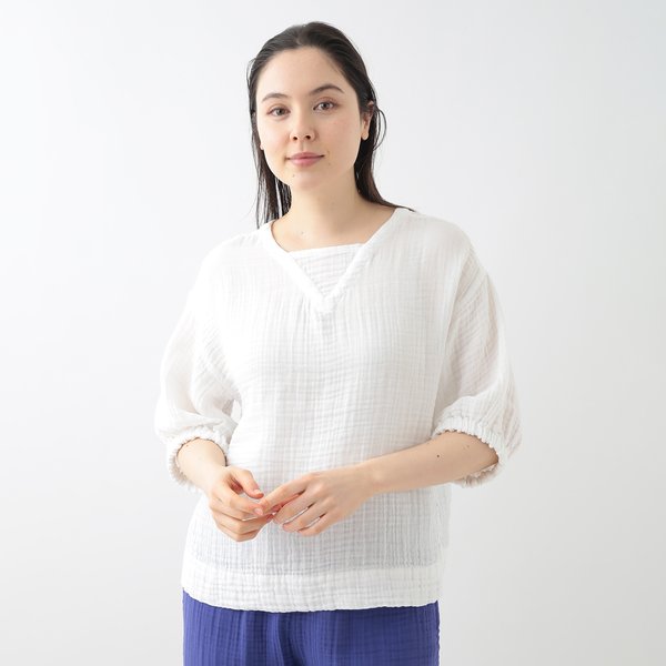 CREPE GAUZE PUFF SLEEVE PULL OVER